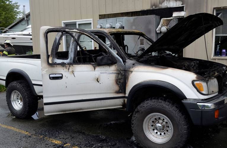 A 1999 Toyota Tacoma pickup truck is pictured after a fire began in its engine compartment. The truck is a total loss, Capital City Fire/Rescue fire marshals say. (CCFR | Courtesy Photo)