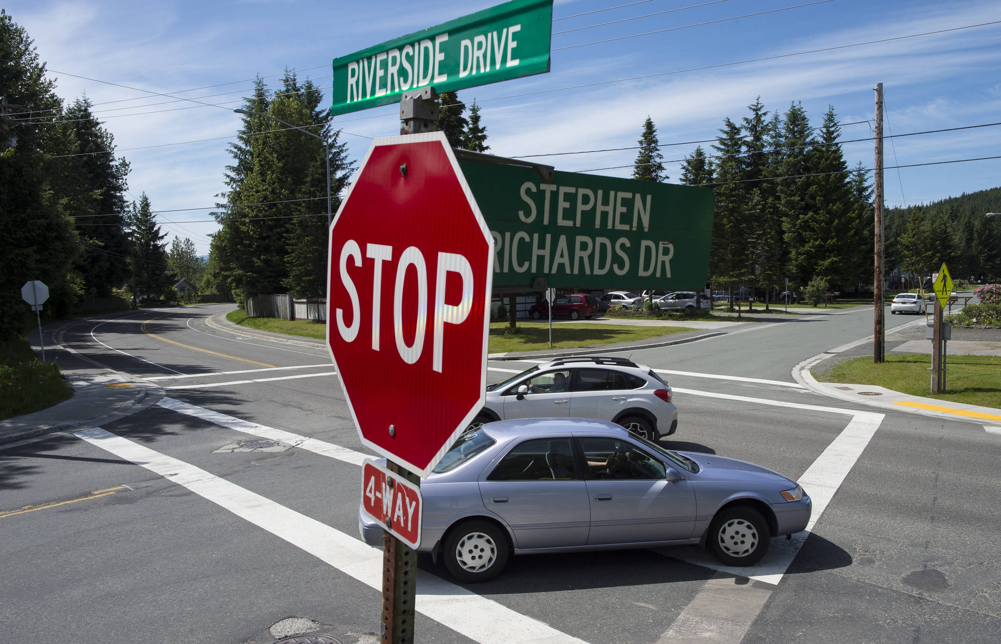 The intersection of Riverside Drive and Stephen Richards Drive in the Mendenhall Valley on Tuesday, June 19, 2018. (Michael Penn | Juneau Empire)