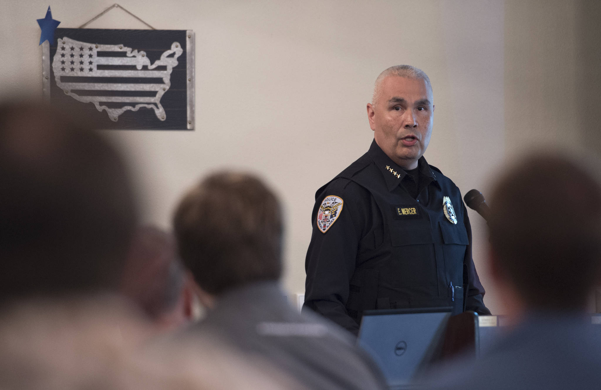 Juneau Police Chief Ed Mercer speaks to the Juneau Chamber of Commerce during its weekly luncheon at the Moose Lodge on Thursday, June 21, 2018. (Michael Penn | Juneau Empire)