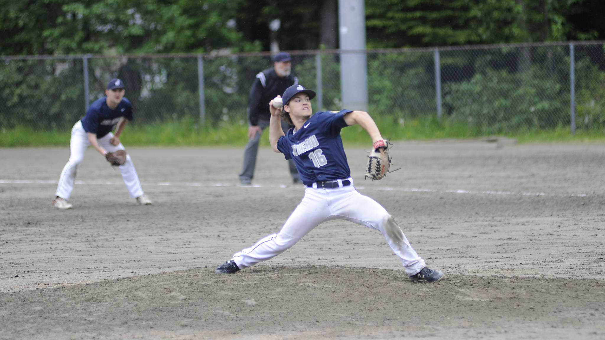 Juneau Post 25’s Donavin McCurley pitches against East Post 34 earlier this month. (Nolin Ainsworth | Juneau Empire File)