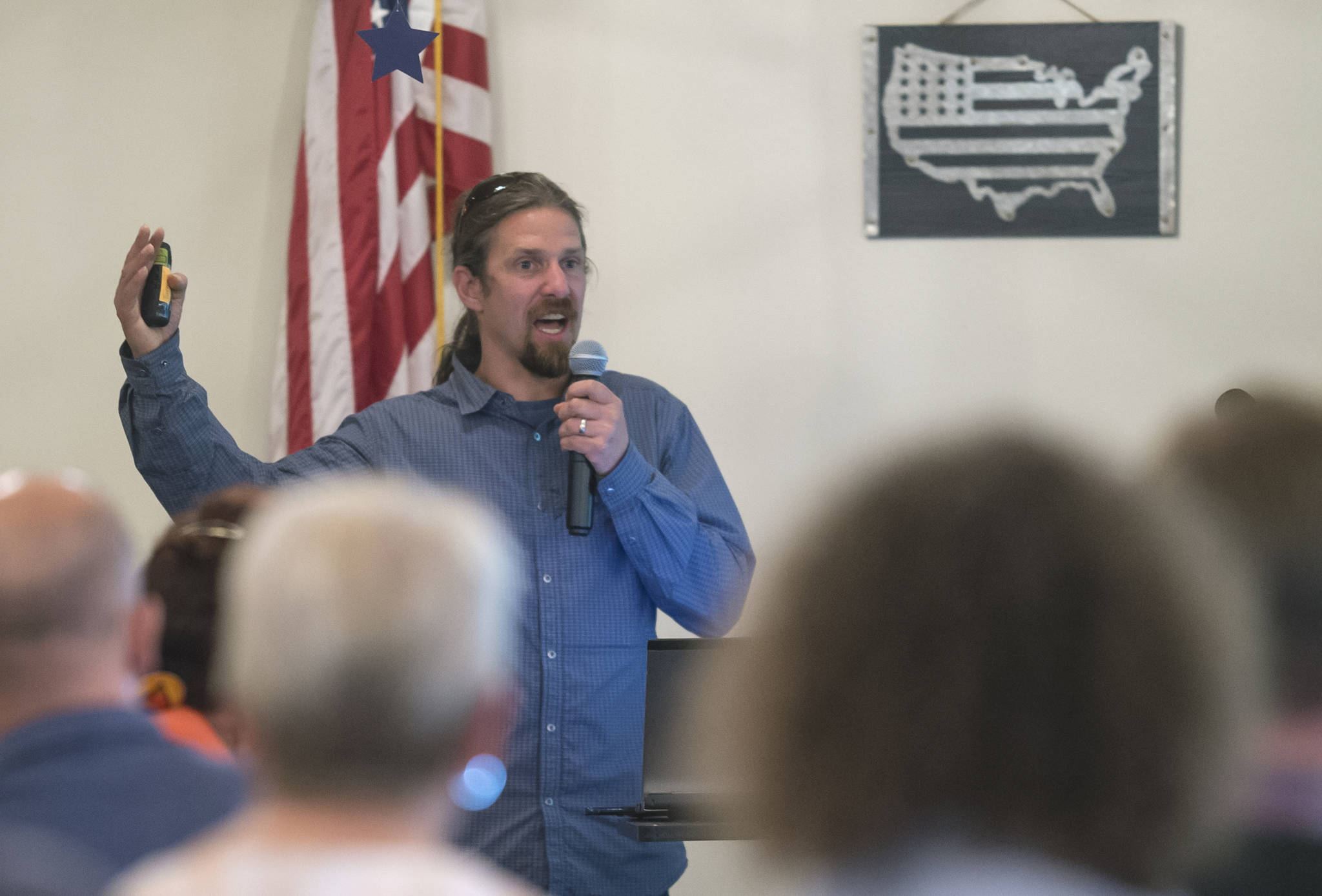 Dave Scanlan, general manager of the Eaglecrest Ski Area, speaks to the Juneau Chamber of Commerce during its weekly luncheon at the Moose Lodge on Thursday, June 28, 2018. (Michael Penn | Juneau Empire)