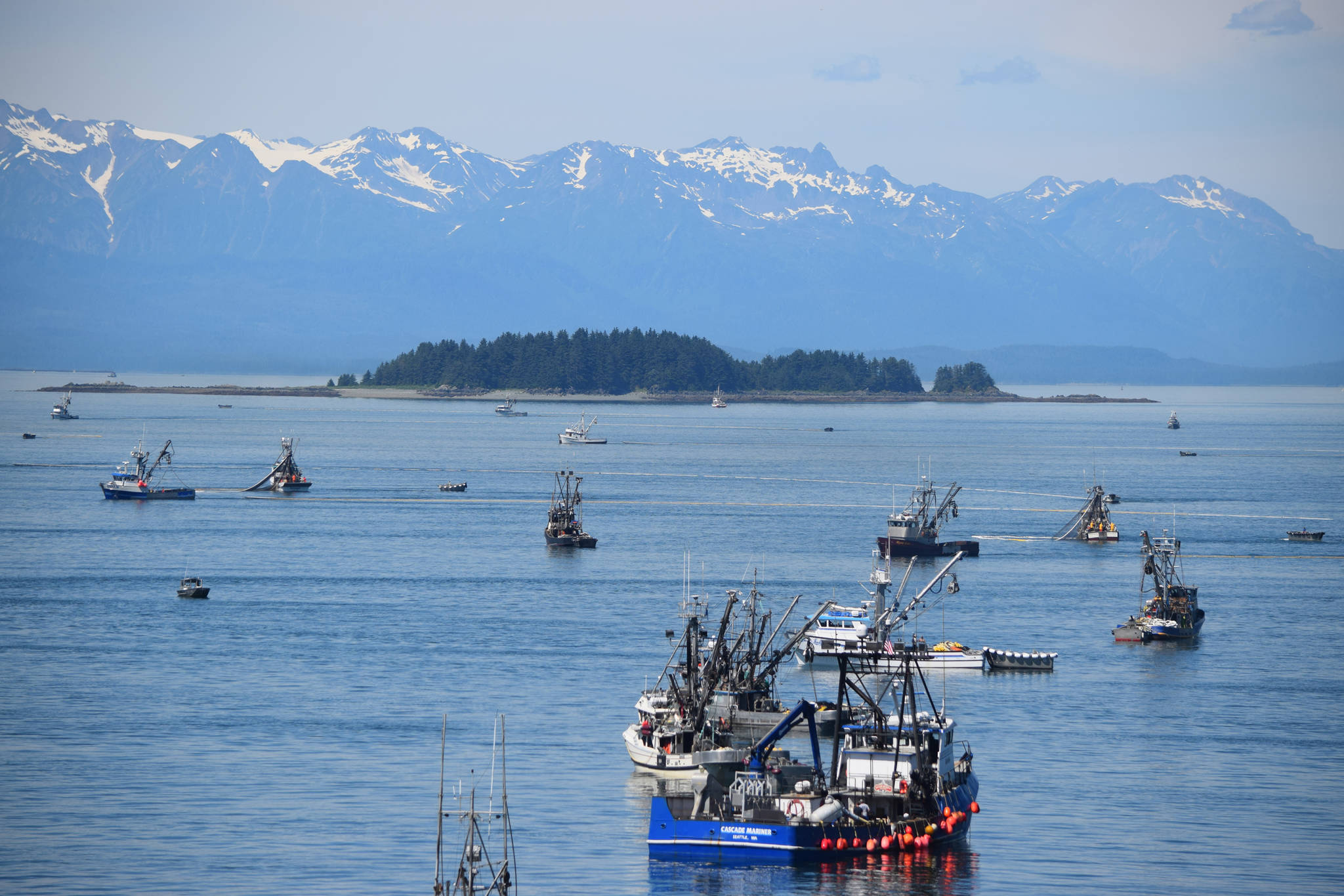 Seine boats and tender vessels participate in a special harvest area fishing opening near Amalga Harbor on Thursday. (Kevin Gullufsen | Juneau Empire)
