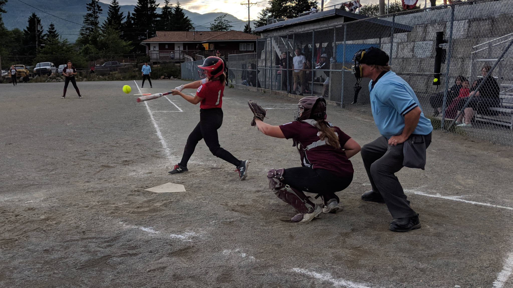 Gastineau Channel Little League’s Gloria Bixby makes contact in the bottom of the fifth inning of Game five of the Alaska District Two Junior Softball Tournament. Bixby recorded a single and scored twice in a 9-6 win. (Spencer Gleason | Ketchikan Daily News)