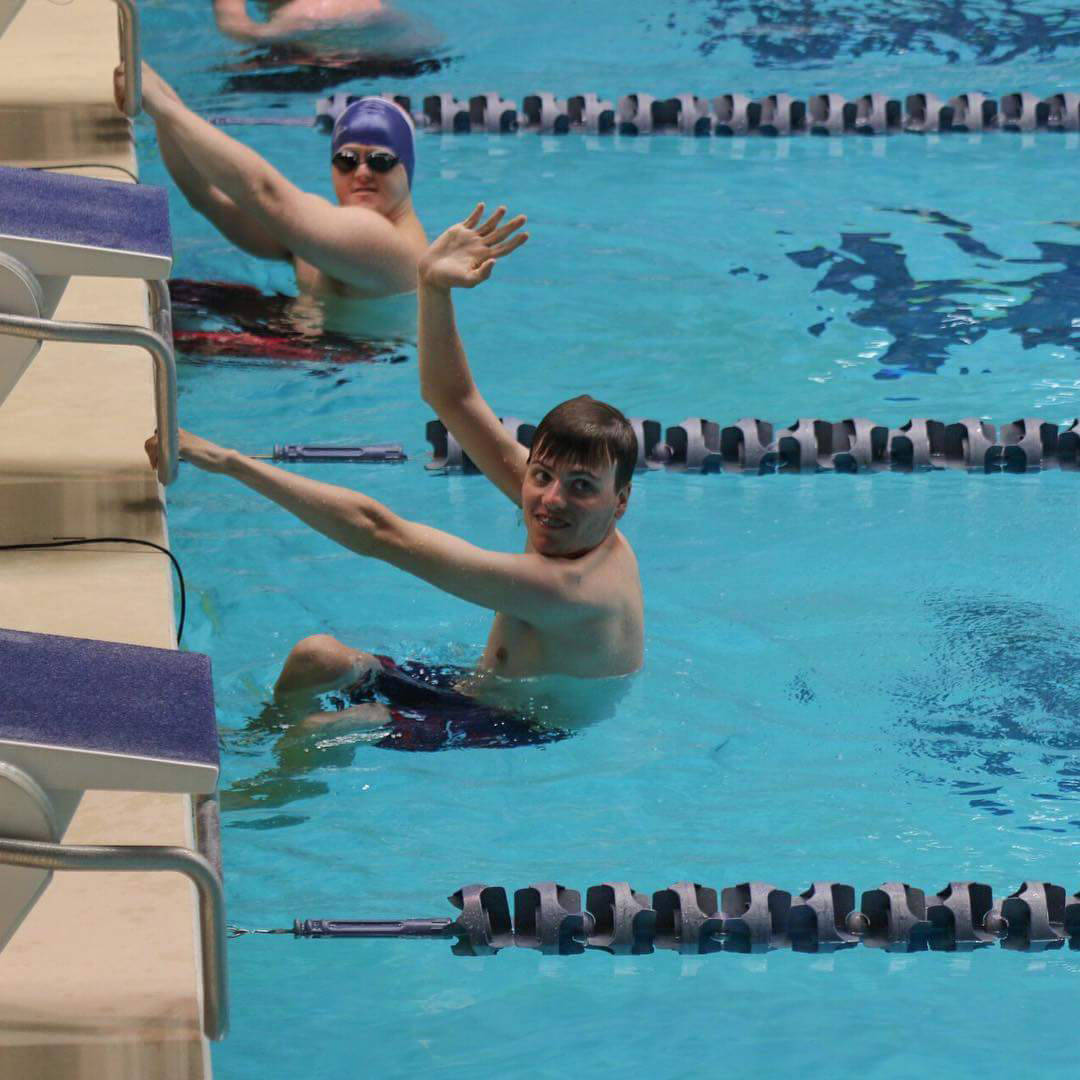 Nolan Harvey waves to the audience prior to the 50-meter backstroke in the King County Aquatic Center in Federal Way, Washington, on Thursday during the Special Olympics USA Games. (Courtesy Photo | Special Olympics Alaska)