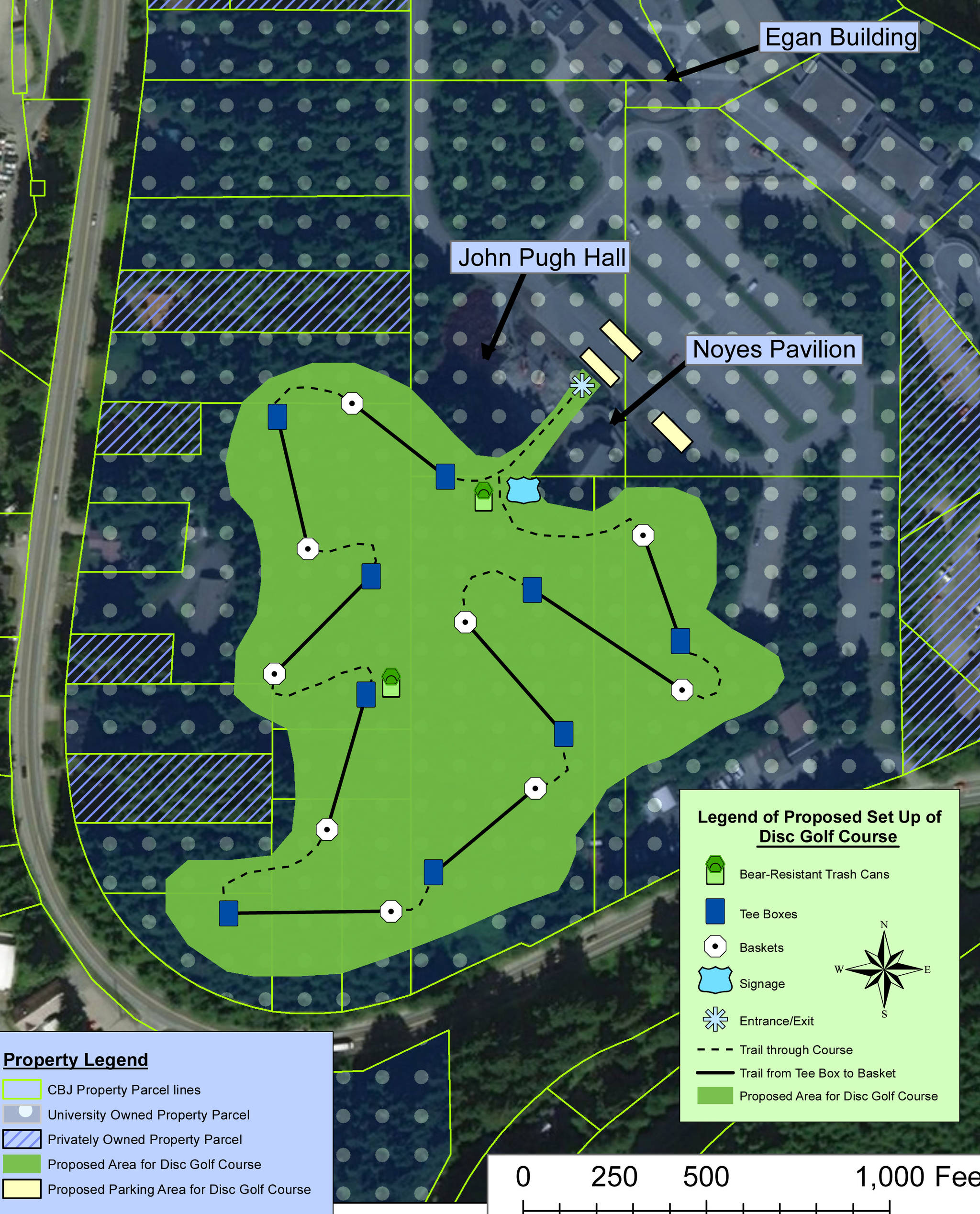 Map of the “URECA Disc Golf Course” on the University of Alaska Southeast campus. (Map courtesy of Morgan Johnson)