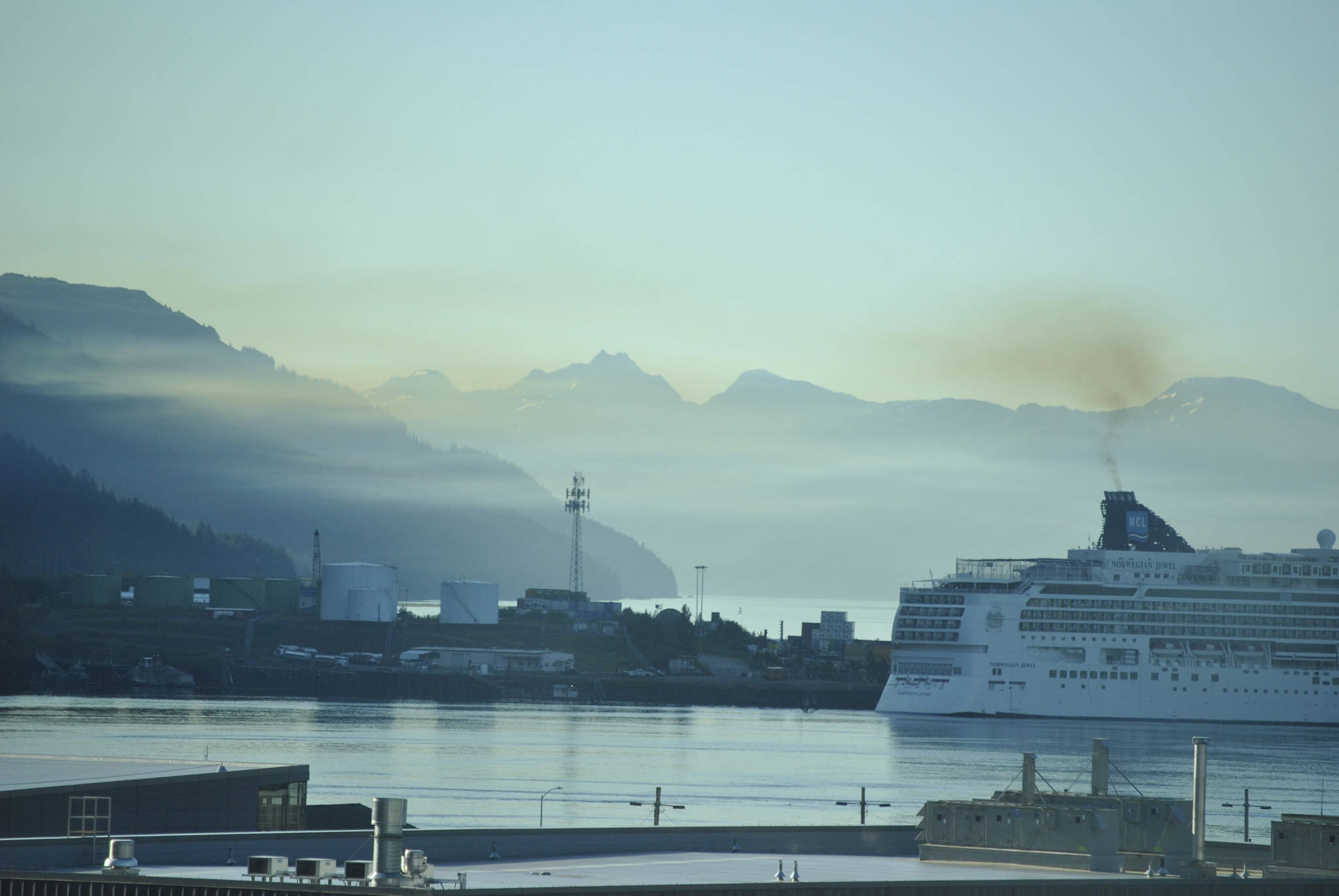 Emissions from cruise ships cloud up the Gastineau Channel on July 5. (Photo courtesy Eric Adam)