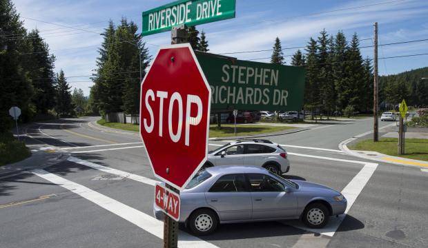 The intersection of Riverside Drive and Stephen Richards Drive is seen in the Mendenhall Valley on Tuesday, June 19, 2018. (Michael Penn | Juneau Empire)