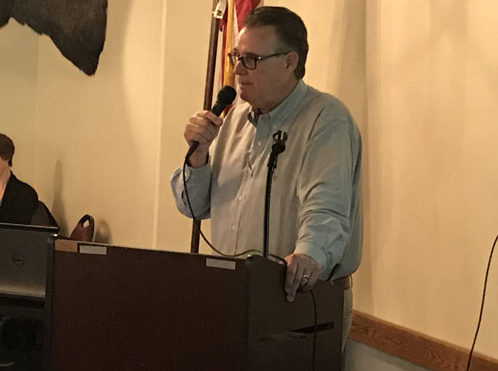 Bartlett Regional Hospital CEO Chuck Bill talks during the weekly Juneau Chamber of Commerce luncheon at Moose Lodge Thursday. (Gregory Philson | Juneau Empire)