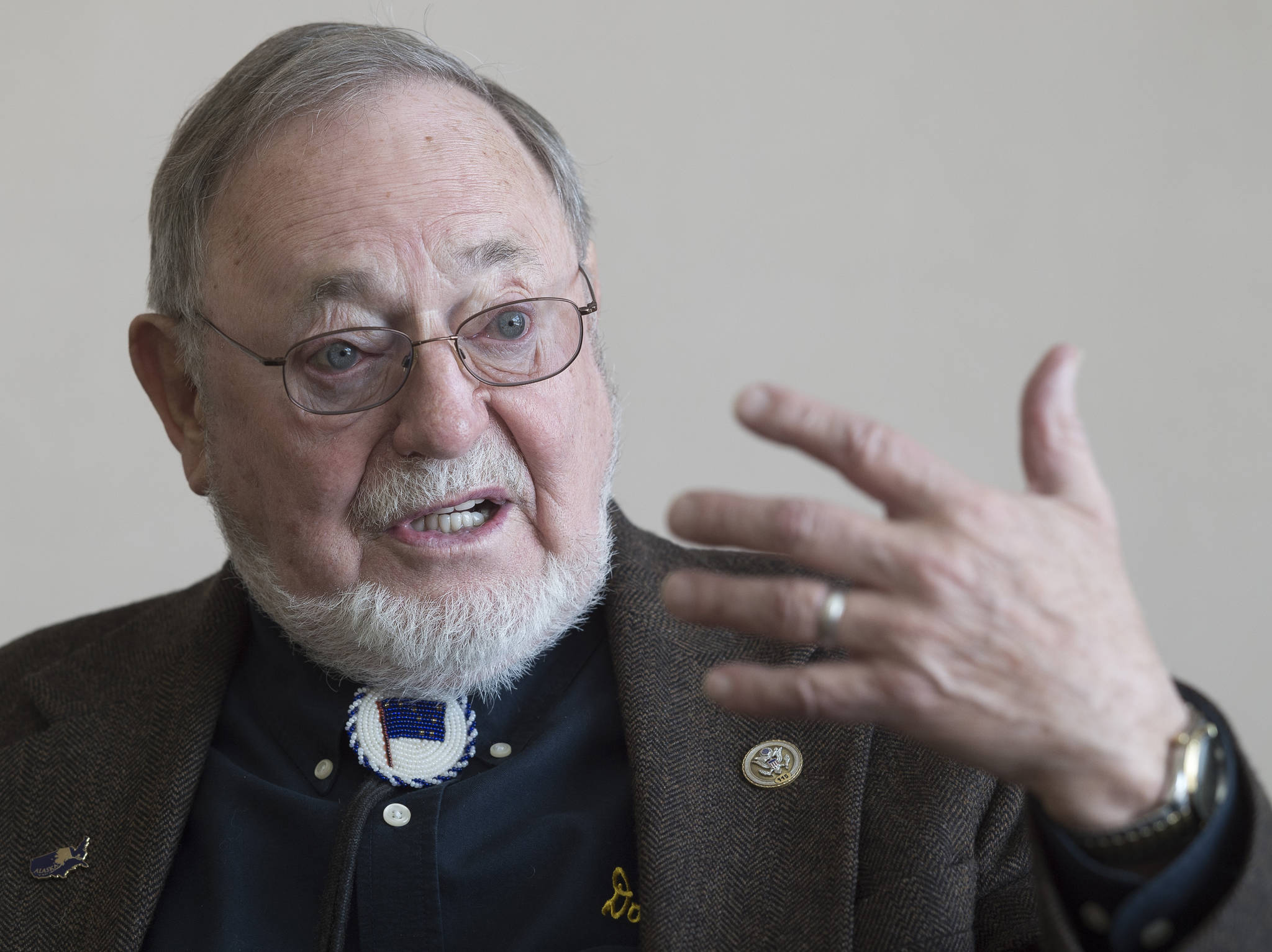 U.S. Rep. Don Young speaks during an interview at the Juneau Empire on Feb. 21, 2018. (Michael Penn | Juneau Empire File)