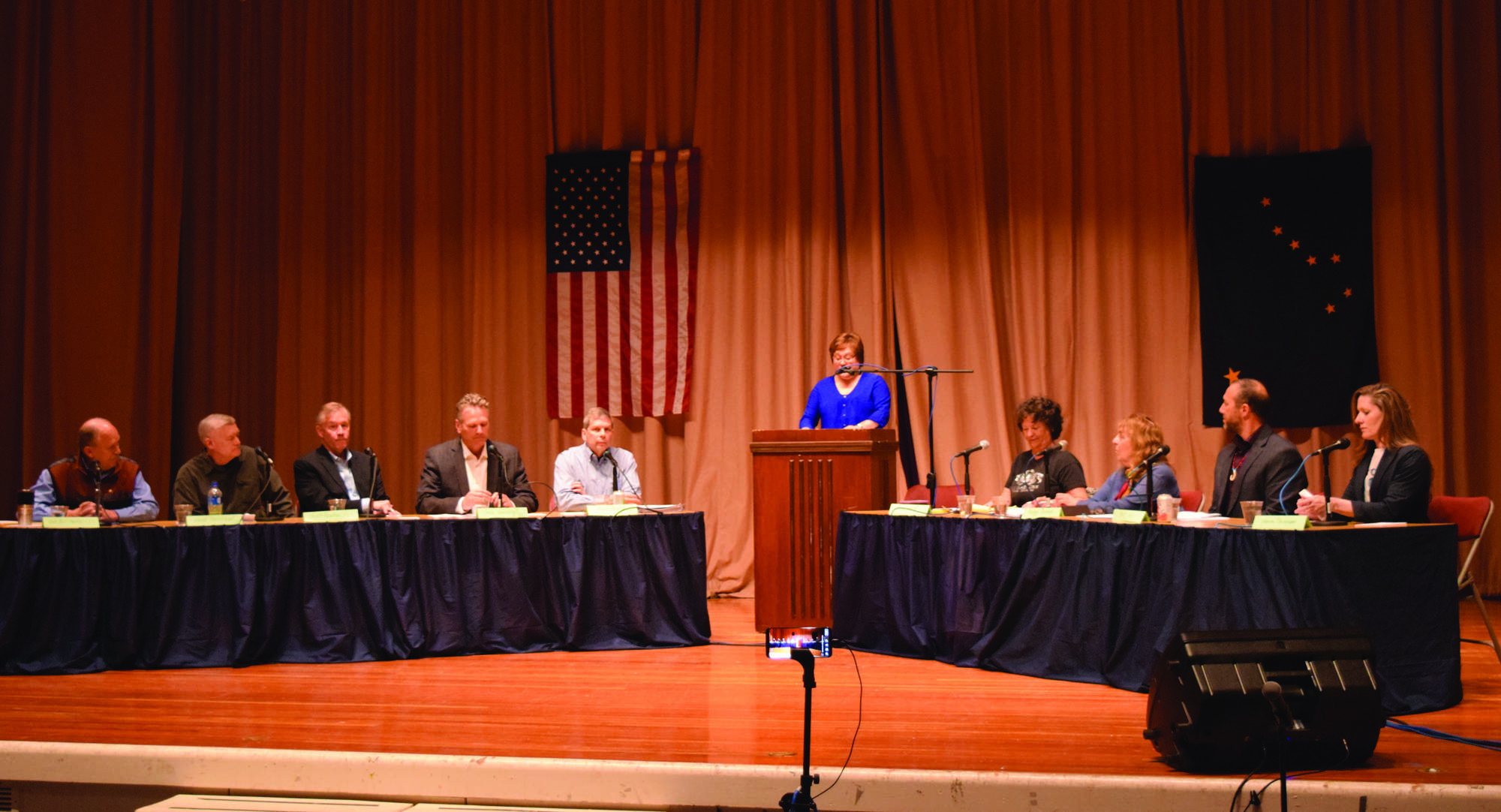 Five candidates running for Alaska governor, at left, squared off in Naknek at the Bristol Bay Fish Expo. From left are Gov. Bill Walker, former Lt. Gov. Mead Treadwell, Anchorage businessman Scott Hawkins, former state Sen. Mike Dunleavy and former Anchorage Mayor and U.S. Sen. Mark Begich. The debate was moderated by KTVA’s Rhonda McBride. (Molly Dischner | Alaska Journal of Commerce)