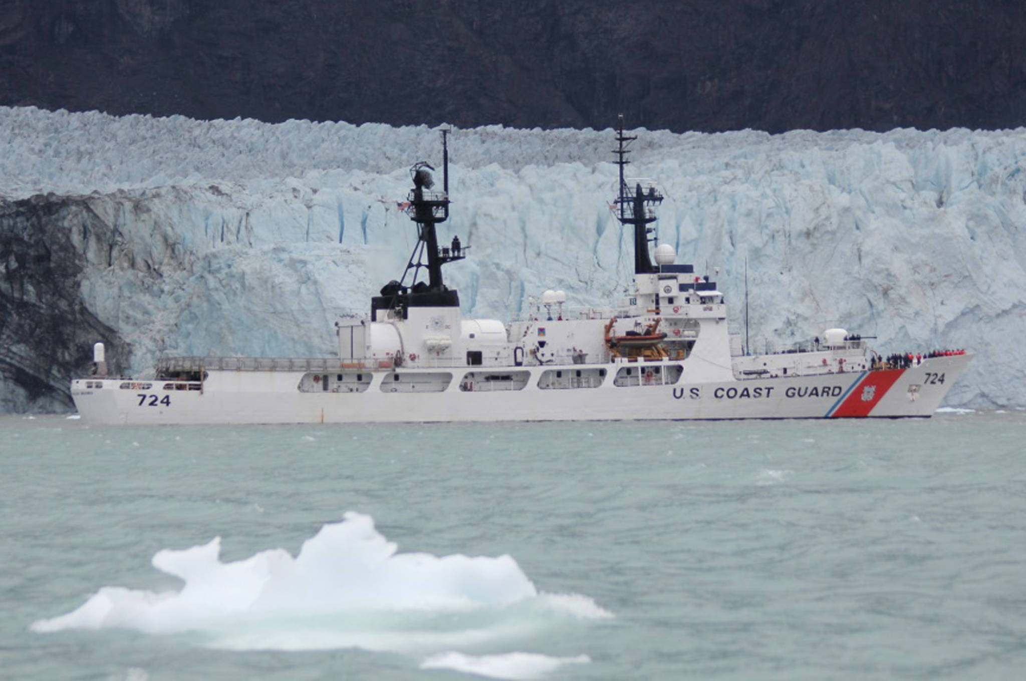 The Coast Guard Cutter Douglas Munro sails past Margerie Glacier in Glacier Bay National Park, Alaska, July 15, 2018. The Douglas Munro crew assisted the Glacier Bay National Park Service personnel in rescuing four people whose kayaks overturned in rough waters, but all four people made it to shore. (U.S. Coast Guard | Courtesy Photo)