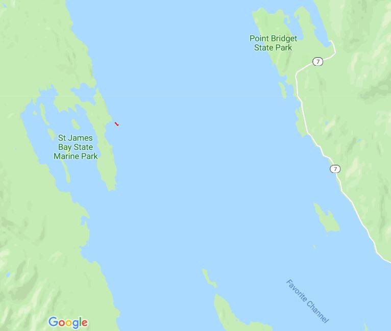 The location of a perplexing piece of flotsam that turned out to be a dead whale, without a tail and head, north of St. James Bay on the west side of Lynn Canal. (Courtesy Image | Julie Speegle)