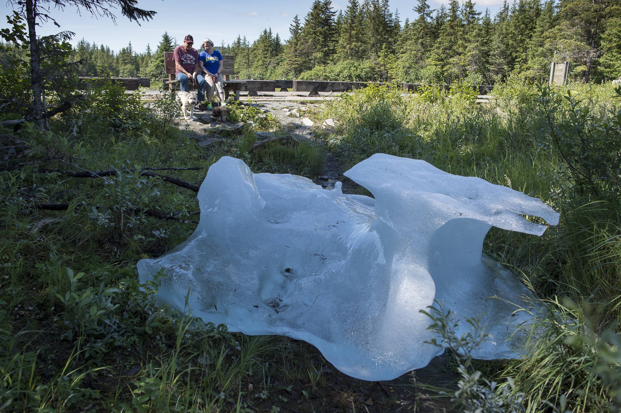 With an iceberg grounded in front of them, Kelly Mercer and her father, Fred Gerle, relax on a bench at the Mendenhall Campground on Friday, July 20, 2018, after Thursday’s flood of Mendenhall Lake. (Michael Penn | Juneau Empire)