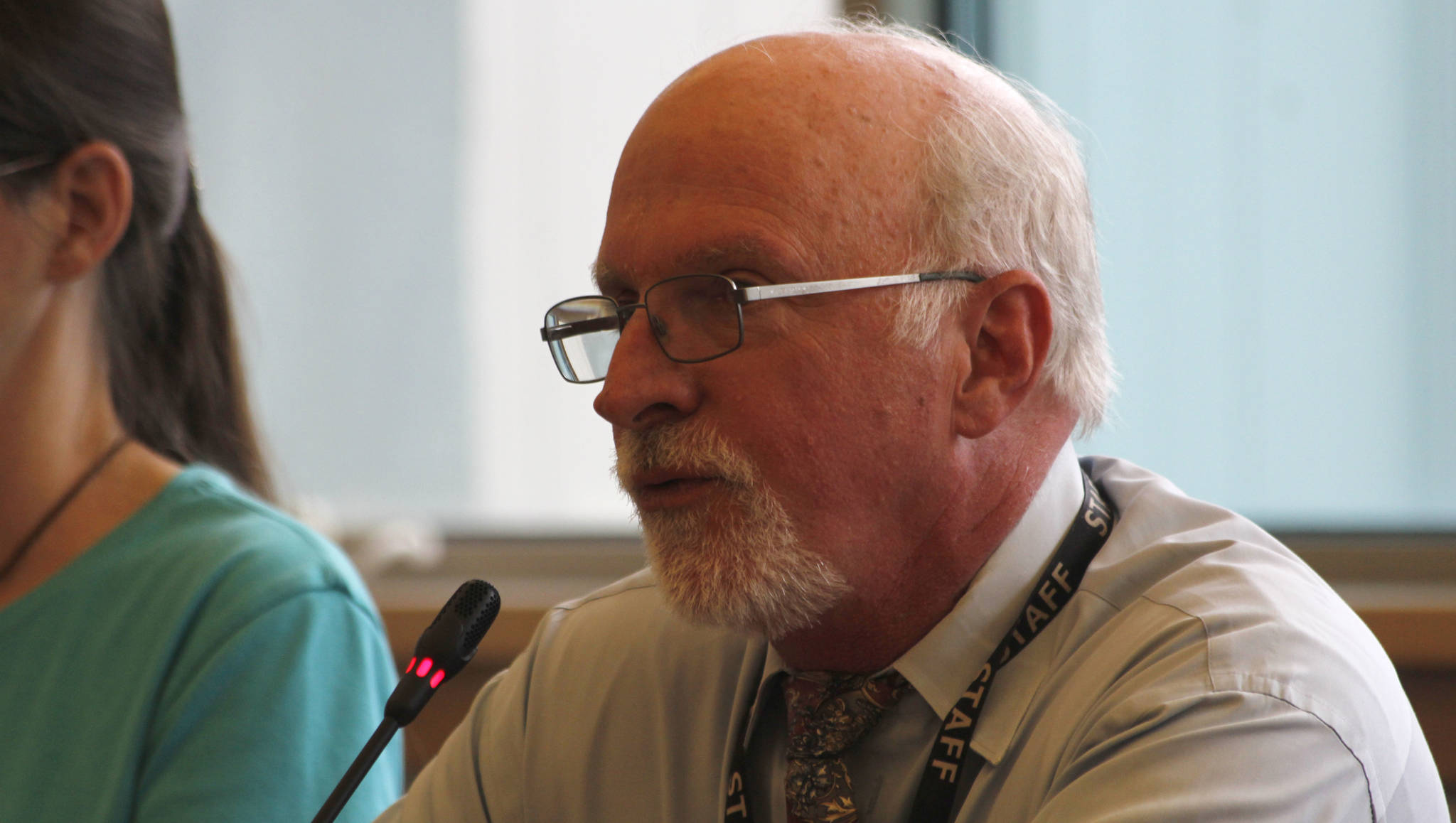 Juneau School District Superintendent Mark Miller speaks during a Board of Education meeting on Friday, July 27, 2018. The board unanimously voted to release Miller from his contract after he submitted his resignation Wednesday. (Alex McCarthy | Juneau Empire)