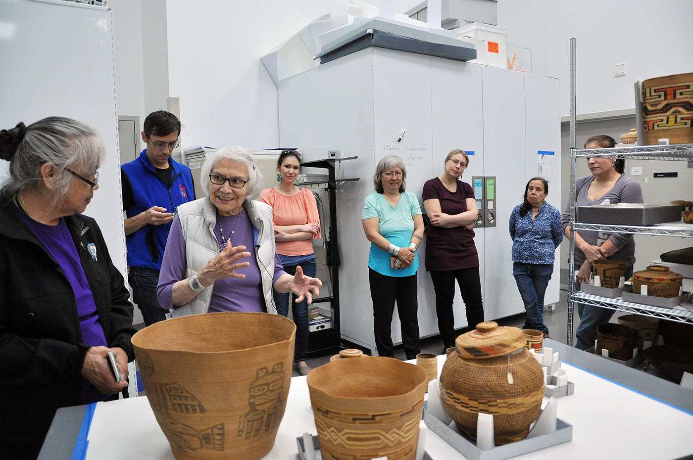 Master Haida weaver Delores Churchill, in the white vest, speaks about spruce root baskets. (Sealaska Heritage Institute | Courtesy Photo)