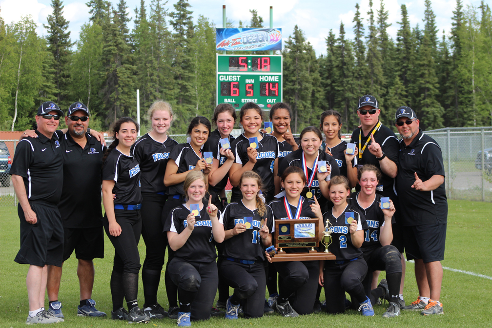 The Alaska small schools softball champion Thunder Mountain High School Falcons pose for a team photo Saturday in Fairbanks after defeating Juneau-Douglas High School 14-6 in the title game.