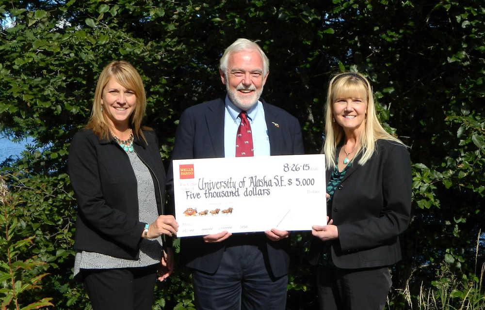 UAS Chancellor Richard Caufield accepts a $5,000 donation from Wells Fargo representatives Leslie Dahl (left) and Karen West for support of UAS academic scholarships. Wells Fargo has invested $70,000 in the UAS scholarship program over the last 12 years.
