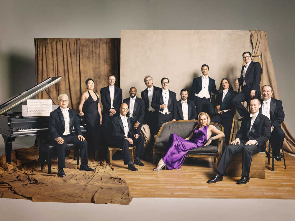 Twelve-piece "little orchestra" Pink Martini. At far left is the band's founder, pianist Thomas Lauderdale.