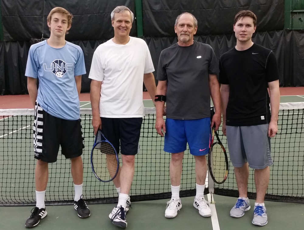 Mens Lower Finalists, left-to-right, JDHS player Kolby Hoover and adult players Randy Hurtte, Mike Stekoll and Nathan Graves. Hurtte and Stekoll teamed up to win the title over Hoover and Graves.