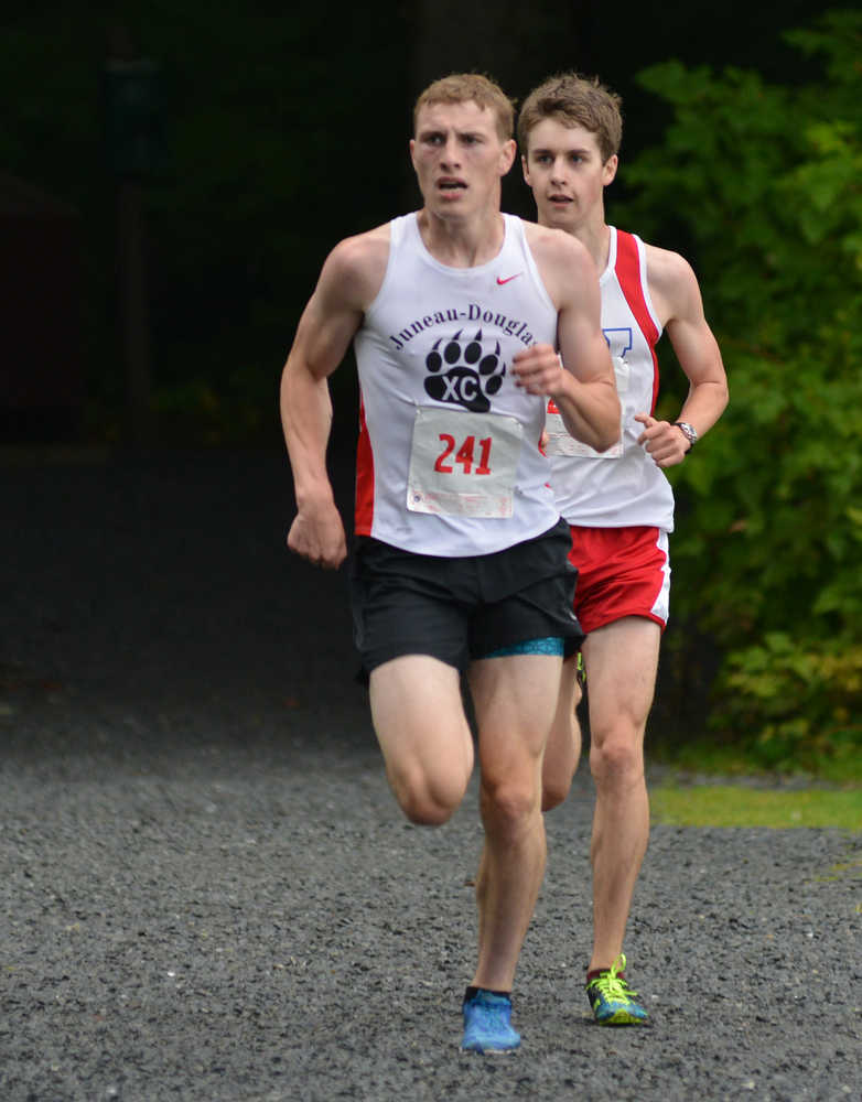 Juneau's Ethan Goebel and Sitka's Colin Baciocco are shown in a cross country meet this season. Goebel and Baciocco are favorites to win the 4A and 3A Region V titles on Saturday along Juneau's Treadwell Mines Trails.