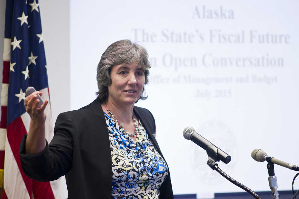 Pat Pitney, State Budget Director for Gov. Bill Walker, speaks about the state's fiscal future to the Juneau Chamber of Commerce on July 16.