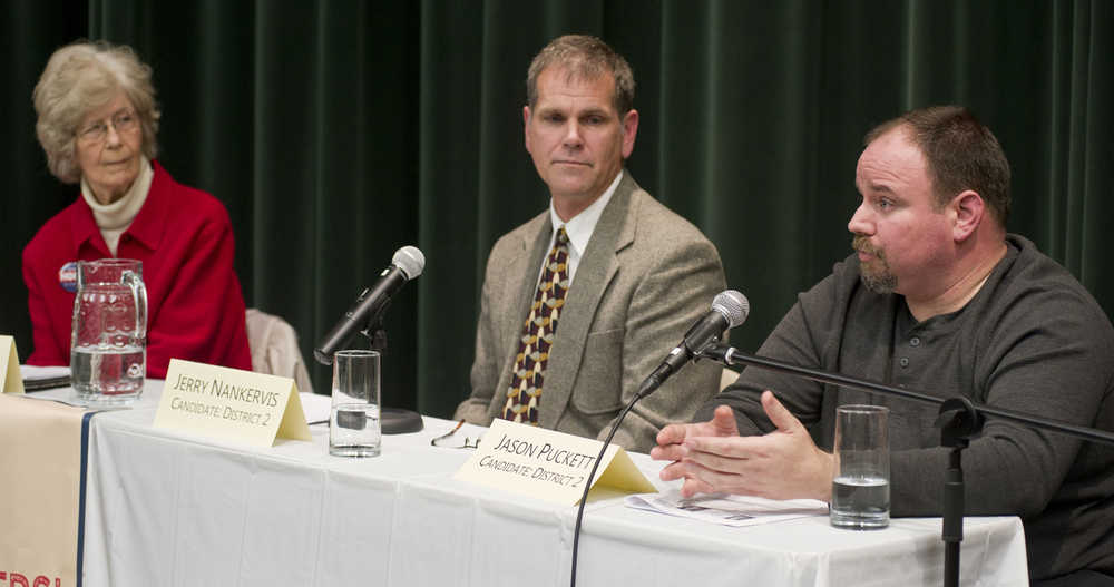 Juneau Assembly District 2 candidates Dixie Hood, left, Jerry Nankervis, center, and Jason Puckett answer questions during the Juneau Votes! debate held at the University of Alaska Southeast on Tuesday.