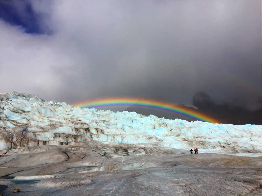 A rainbow curves over the Mendenhall Glacier during a NorthStar Trekking glacier trek in September.