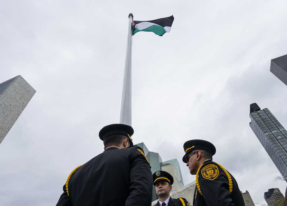 The Palestinian flag flies in the wind after a Rose Garden ceremony at the United Nations headquarters Wednesday. Following a vote in November 2012, the U.N. recognized Palestine as a state with non-member status and as a result it was permitted to raise its flag outside the U.N. for the first time on Wednesday.