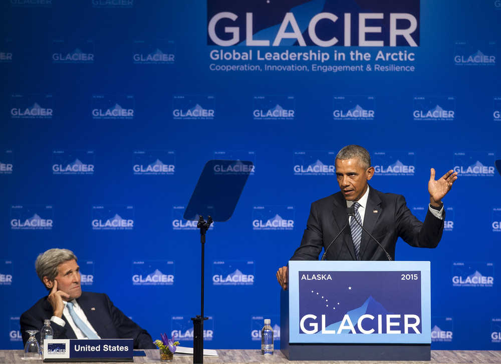 Pres. Barack Obama speaks at the Conference on Global Leadership in the Arctic: Cooperation, Innovation, Engagement and Resilience as Secretary of State John Kery listens at the Dena'ina Civic and Convention Center in Anchorage on Monday.