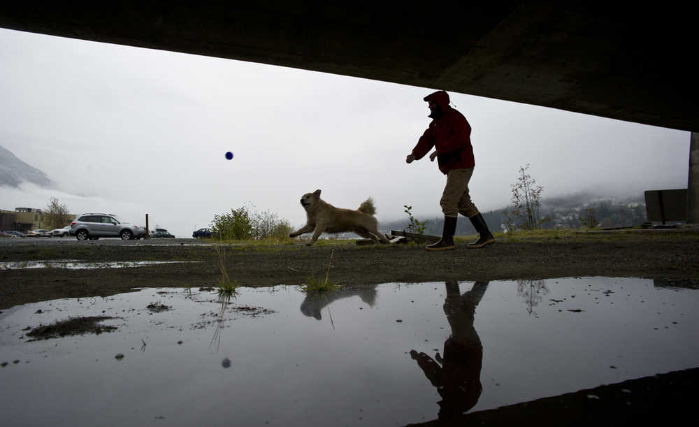Lon Garrison escapes some of Thursday's rain by exercising his dog, Barnacle, under the Douglas Bridge. The National Weather Service forecast for Friday calls for rain, heavy at times in the afternoon. Highs around 55. Northeast wind 20 to 30 mph. Wind gusts up to 45 mph in the afternoon.