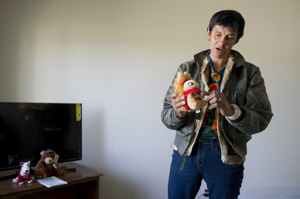 Charles Wheaton, 59, shows stuffed toys he plans to present to Bartlett Regional Hospital staff for caring for him after it was discovered he had a bleeding ulcer. Wheaton recently moved in a one-room apartment at St. Vincent de Paul after being homeless in Juneau for nine years.