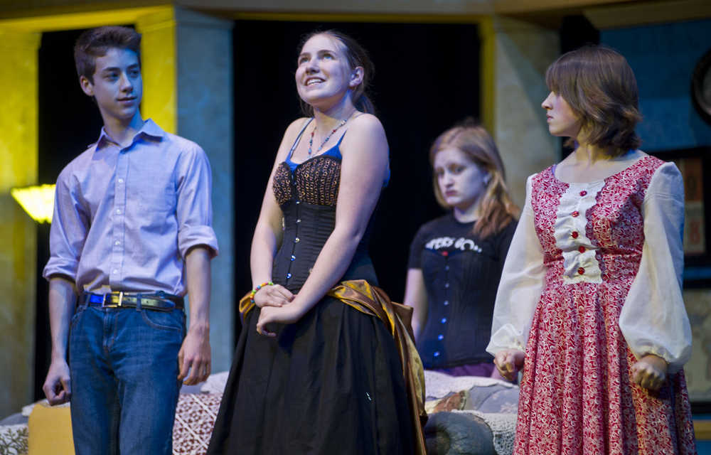 Clare Boily, as Lucille, second from left, rehearses for "Meet Me in St. Louis" with, from left,  Josh Rivers, Lily Deitz and  Molly York at the JDHS auditorium.