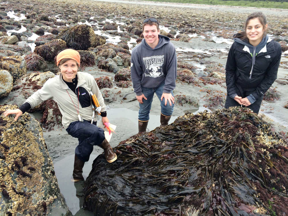 From left to right, U.S. Forest Service hydrologist Adelaide Johnson, Yakutat student intern Quinn Newlun, and Juneau intern Sierra Ezzré collect data along Yakutat's shorelines.