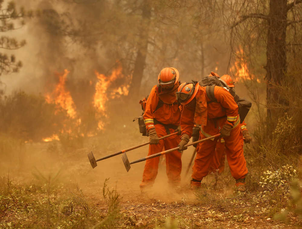 In this Sept. 12 photo, a California Department of Corrections and Rehabilitation inmate work crew builds a containment line ahead of flames from a fire near Sheep Ranch, California.