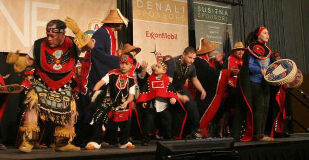 The Yees Ku Oo', Woosh.ji.een and All Nation's Children dance groups from Juneau perform on the closing day of the Alaska Federation of Natives Annual Convention, Oct. 25, 2014 in Anchorage.