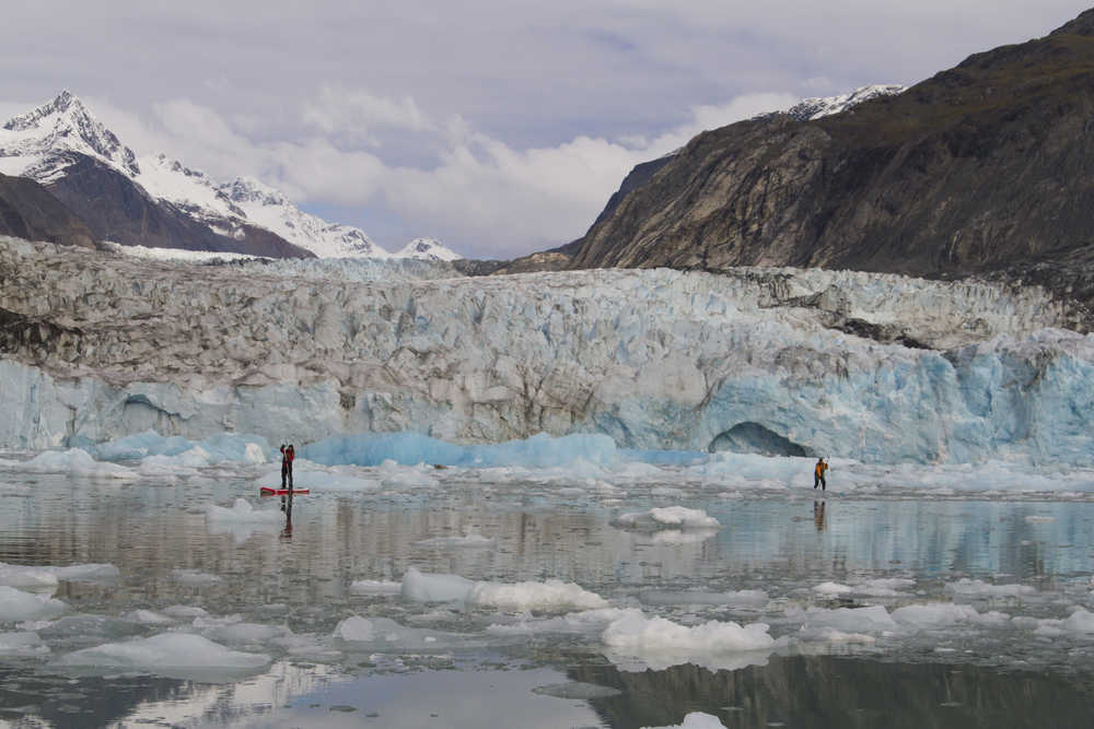 Michelle Eshpeter and Lee Paskar paddle through the icebergs at the McBride Glacier in Glacier Bay National Park.