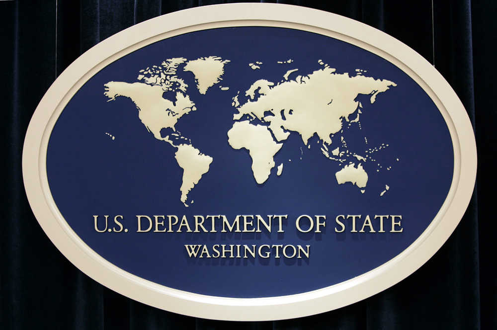 In this Aug. 10, 2006 photo, the sign used as the backdrop for press briefings at the U.S. Department of State is seen in Washington.