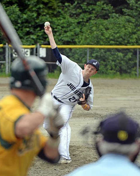 Nathan Klein is shown pitching for Juneau Post 25 against Service at Adair Kennedy Memorial Park in July.