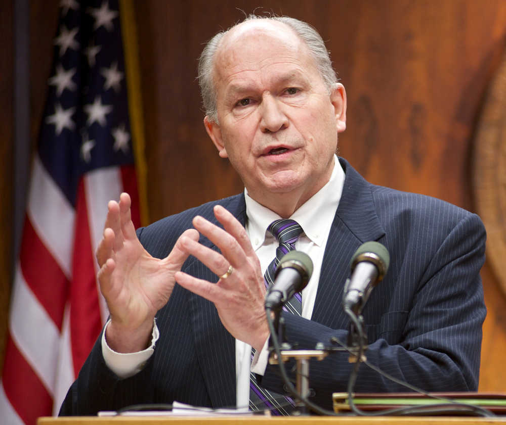 Gov. Bill Walker speaks to the media about his appointments to the Alaska Gasline Development Corporation's Board of Directors and detailed his plans to upsize the volume of the Alaska Stand Alone Pipeline project in February.