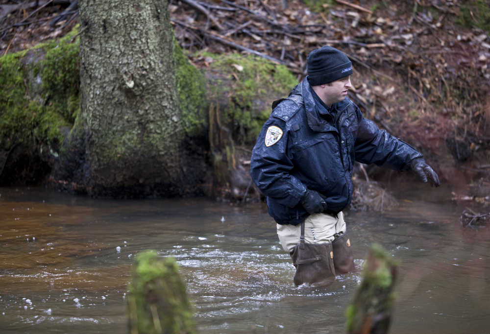 Juneau Police Department Detective Sterling Salisbury searches in Duck Creek on Thursday near the Kodzoff Acres Mobile Home Park. Christopher D. Strawn , 32, has been arrested and charged in the murder of Brandon C. Cook, 30, who was killed in Kodzoff Acres on Tuesday.