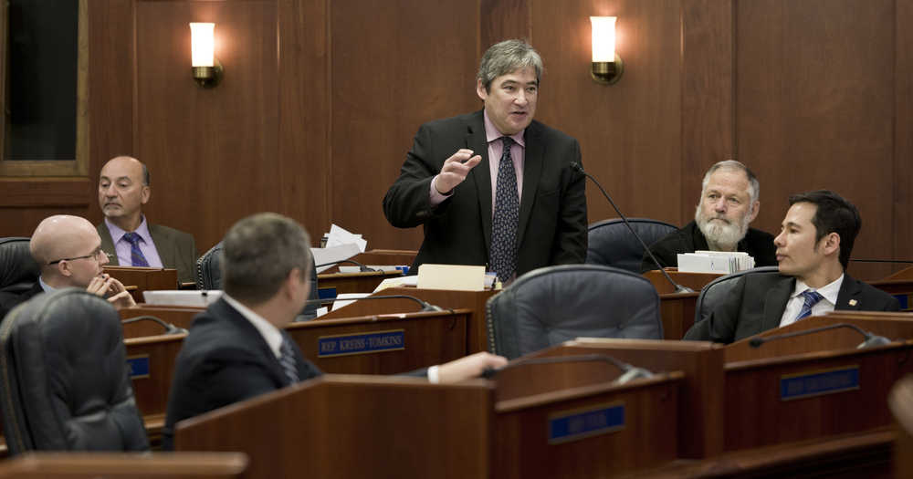 Rep. Sam Kito III, D-Juneau, welcomes legislators back to the Capitol and gives thanks to Pam Varni, executive director of the Legislative Affairs Agency, Jeff Goodell, Capitol building manager, and Dawson construction for their work getting the Capitol ready for the Special Session that started on Saturday.