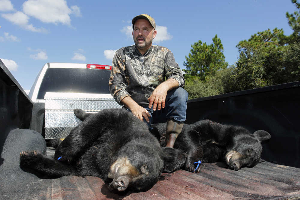 In this Saturday photo, Richard Sajko, of Valrico, Florida, talks about how he killed one of the two bears on the back of his pickup during the first legal black bear hunt in Florida in more than two decades at the Rock Springs Run Wildlife Management Area near Lake Mary, Florida.