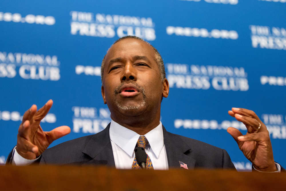 FILE - In this Oct. 9, 2015 file photo, Republican presidential candidate Dr. Ben Carson speaks at the National Press Club in Washington. The U.S. Secret Service says the top two GOP presidential hopefuls have requested protection from the taxpayer-funded agency. The agency says billionaire real estate developer Donald Trump and retired neurosurgeon Ben Carson have requested Secret Service protection. But they would not receive it until Homeland Security Secretary Jeh Johnson consults with five senior members of Congress.  (AP Photo/Andrew Harnik, File)