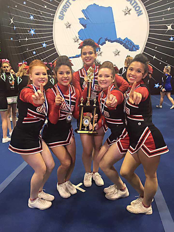 Juneau-Douglas High School football 5-person stunt group placed first in their division at the Alaska Spirit Coaches Association Cheer and Dance State Competition in Anchorage.