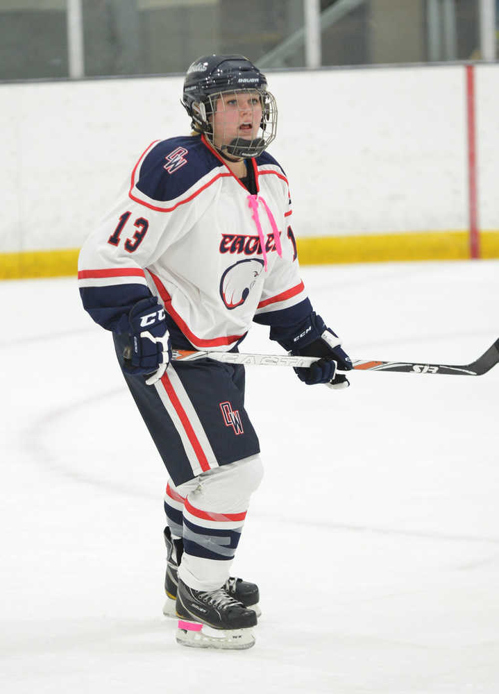 2014 JDHS graduate Kathryn Noreen is shown playing in the first-ever Daniel Webster College women's hockey game on Friday. Noreen was selected captain of the Eagles.