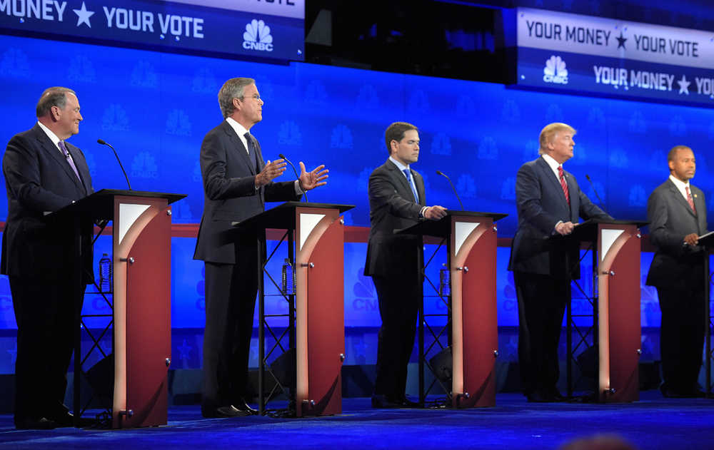 Jeb Bush, second from left, is flanked by Mike Huckabee, left, Marco Rubio, center, Donald Trump, second from right, and Ben Carson during the CNBC Republican presidential debate at the University of Colorado on Oct. 28.