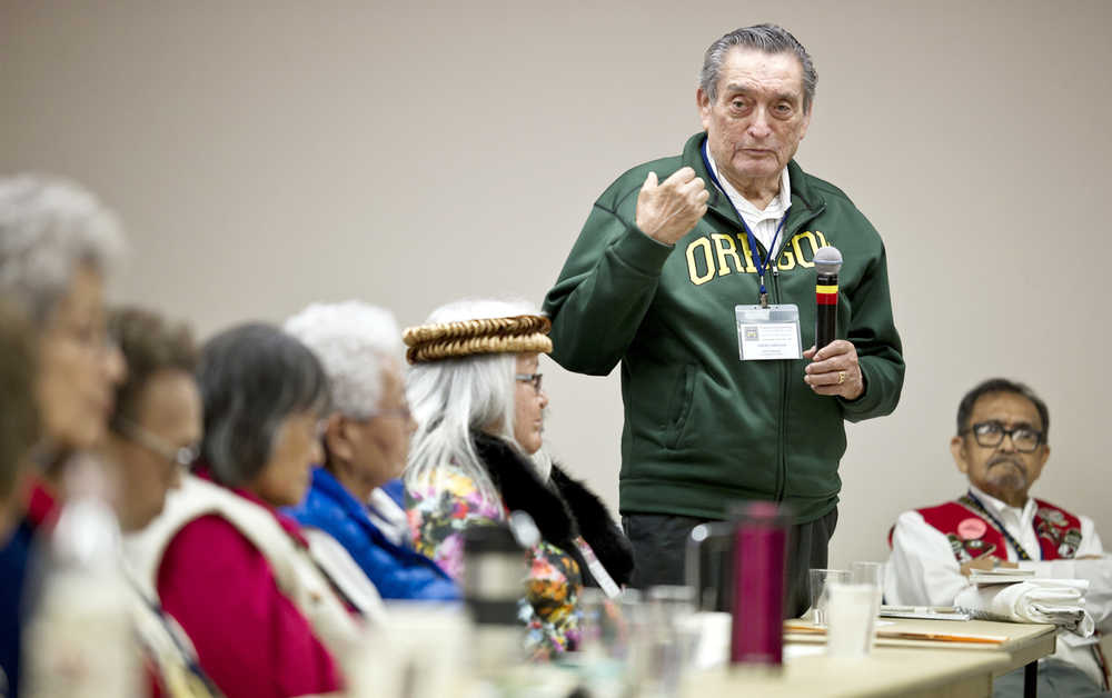Bill Fawcett, 91, speaks during an elders panel discussion on boarding schools during the "Sharing Our Knowledge" conference at Centenial Hall on Friday.