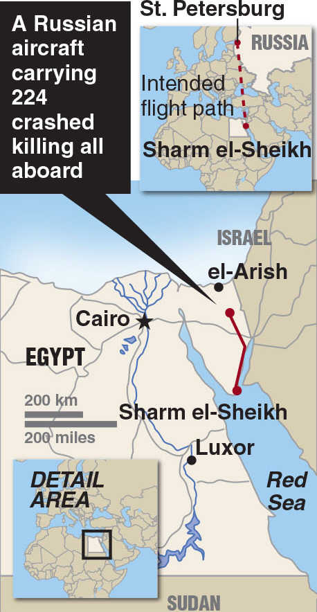 Locator map of Sinai Peninsula, Egypt where a Russian plane crashes killing all 224 aboard