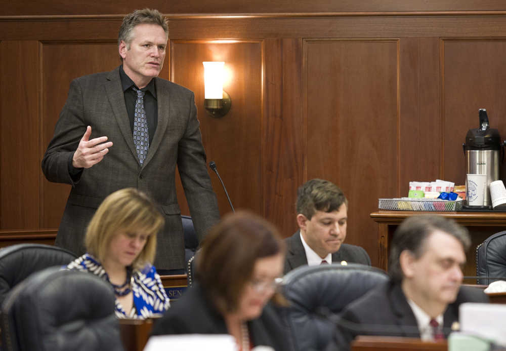 Sen. Mike Dunleavy, R-Wasilla, speaks before casting his no vote on the TransCanada buyout at the Capitol on Tuesday. Dunleavy said he supported the buyout of TransCanada and the pipeline project in general, but he did not support the $13 million the bill allocates to the state departments of law, natural resources and revenue for work associated with the pipeline.