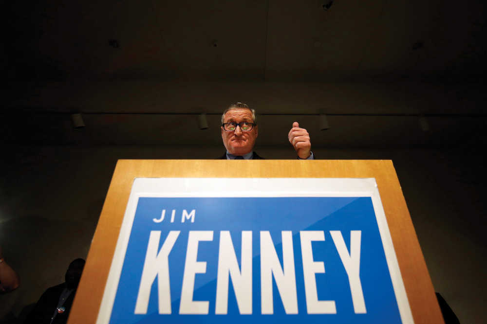 Philadelphia Democratic mayoral candidate Jim Kenney gives a thumbs up while speaking during an election night event at the National Museum of American Jewish History, Tuesday, Nov. 3, 2015, in Philadelphia. Kenney, a former longtime councilman, overwhelmed his Republican challenger, business executive Melissa Murray Bailey, in a city that hasn't had a GOP mayor since 1952. (AP Photo/Matt Slocum)
